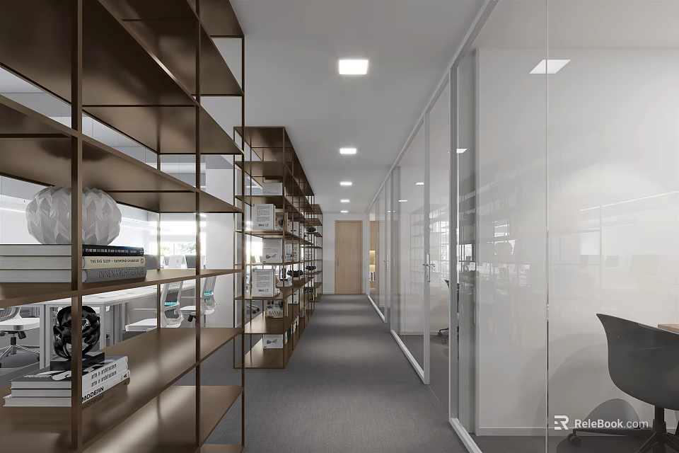 Modern Office Hallway Interior With Shelves Glass Partitions And Ceiling Lighting 3d model 