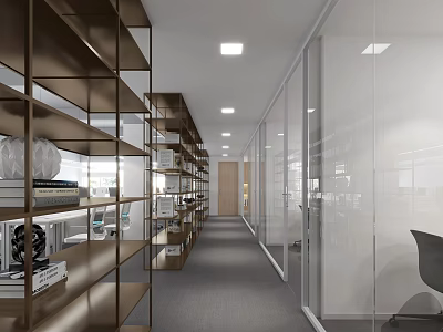 Modern Office Hallway Interior With Shelves Glass Partitions And Ceiling Lighting 3d model