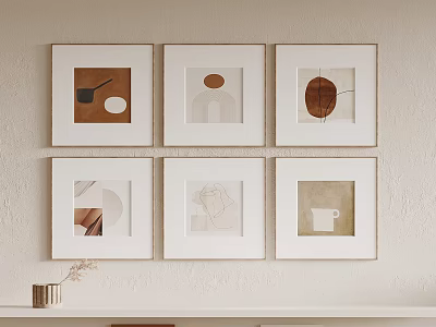 Minimalist Wall Art Decor With Six Framed Paintings Featuring Simple Geometric And Coffee Designs 3d model