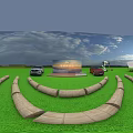 Outdoor Event Setup With Cars Display Board Curved Seats Tents And Arch