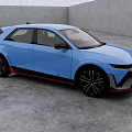 Blue Compact Hatchback With Modern Design Black Alloy Wheels Red Trim Accents And Minimalist Interior Background