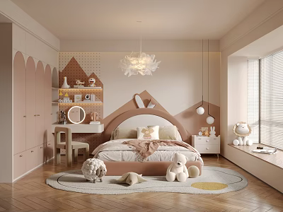 Cozy Kids Bedroom Interior Design With Unique Headboard Round Rug And Teddy Bears 3d model