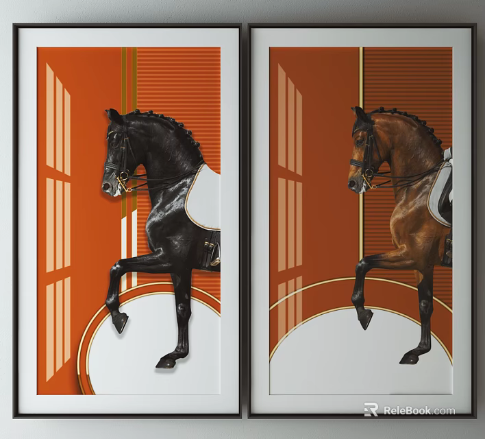 Pair of Horse Paintings Featuring Raised Front Legs on Orange Geometric Background 3d model 