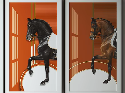 Pair of Horse Paintings Featuring Raised Front Legs on Orange Geometric Background 3d model
