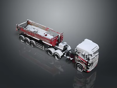 Snow Covered Red Dump Truck With White Cab And Open Bed On Reflective Surface 3d model