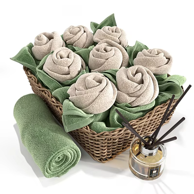 Decorative Green Towels Shaped As Roses In Wicker Basket With Aromatherapy Accessories 3d model