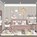 Kids Room Interior With Moon Cloud Star Wall Decor Pink Bed Stuffed Animals House Shelves
