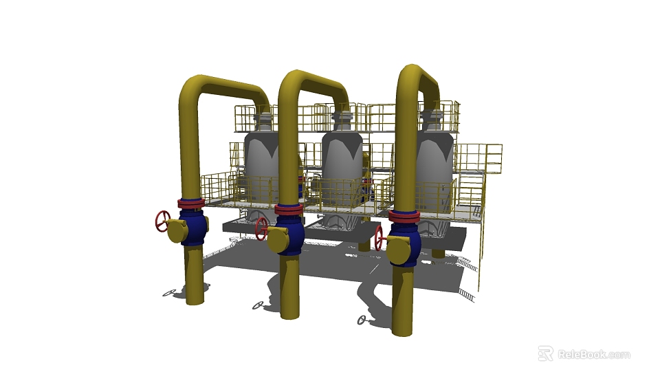 Industrial Pipeline Installation with Yellow Pipes Valves Storage Tanks and Metal Railings 3d model 