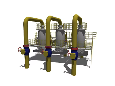 Industrial Pipeline Installation with Yellow Pipes Valves Storage Tanks and Metal Railings 3d model