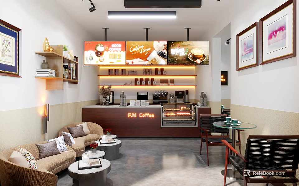 Modern Café Interior Design With Bar Counter Sofa Seating Coffee Machines And Menu Boards 3d model 