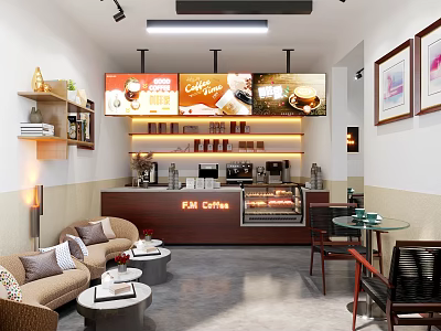Modern Café Interior Design With Bar Counter Sofa Seating Coffee Machines And Menu Boards 3d model