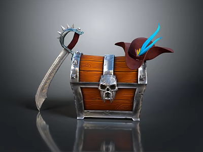 Pirate Themed Treasure Chest With Skull Emblem Curved Sword And Feathered Hat 3d model