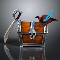 Pirate Themed Treasure Chest With Skull Emblem Curved Sword And Feathered Hat
