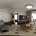 Modern Living and Dining Room With Black Sofa Gray Pillows Wooden Coffee Table Pendant Lights