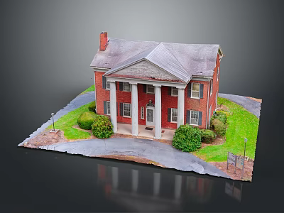 Red Brick Detached Villa With White Columned Porch Gray Roof Chimney And Green Shrubs 3d model