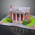 Red Brick Detached Villa With White Columned Porch Gray Roof Chimney And Green Shrubs