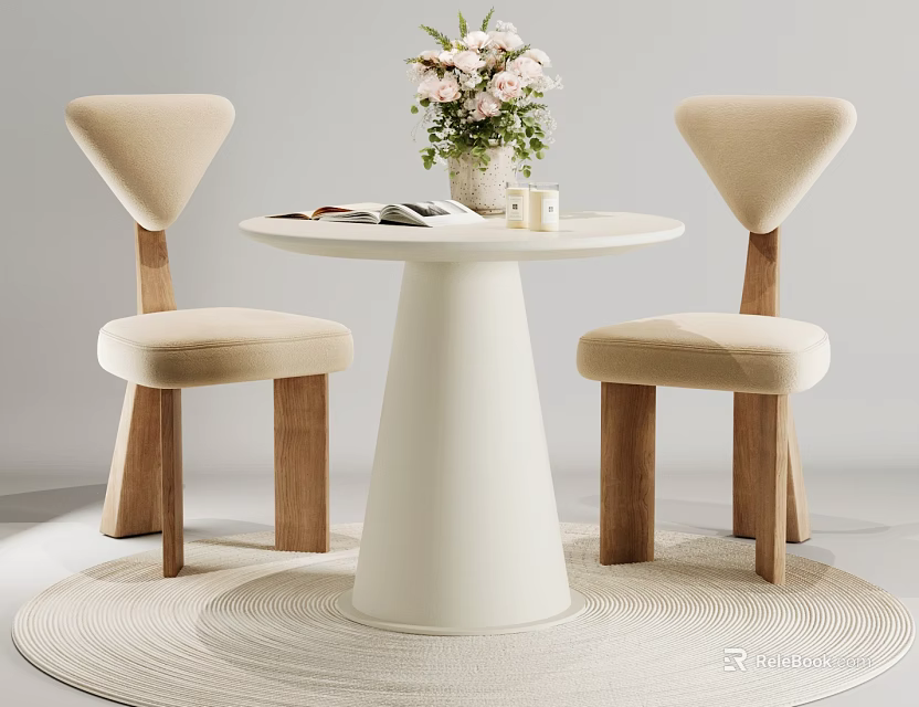 Round Table and Chair Set with Beige Cushions Wooden Legs and Flower Bouquet on Rug 3d model 