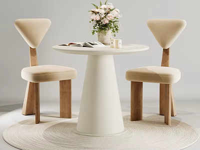Round Table and Chair Set with Beige Cushions Wooden Legs and Flower Bouquet on Rug 3d model