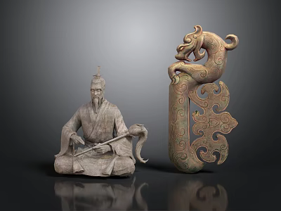Ancient Chinese Sculptures Featuring Seated Figure And Dragon Carving With Intricate Patterns 3d model