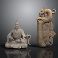 Ancient Chinese Sculptures Featuring Seated Figure And Dragon Carving With Intricate Patterns
