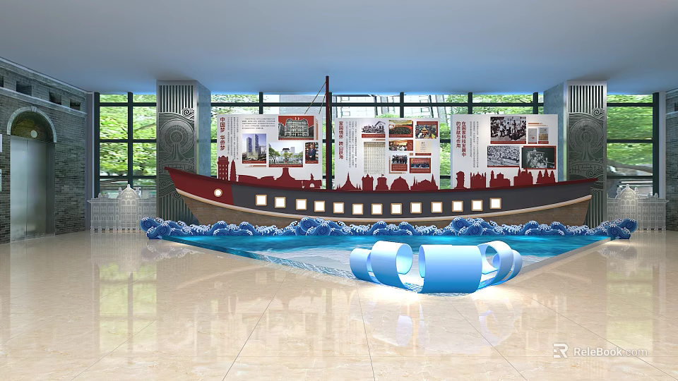 Indoor Exhibition Space With Ship Model Blue Wave Decorations And Display Boards 3d model
