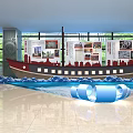 Indoor Exhibition Space With Ship Model Blue Wave Decorations And Display Boards 3d model