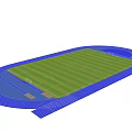 Oval Shaped Soccer Field With Green Grass And Blue Running Track