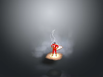 Red Clad Figure Standing On Small Platform With Smoke Lightning Above Holding Shield 3d model