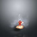 Red Clad Figure Standing On Small Platform With Smoke Lightning Above Holding Shield