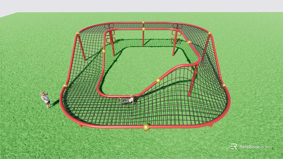 Outdoor Playground Climbing Net Equipment With Red Frame Green Mesh On Grass For Children Playing 3d model 