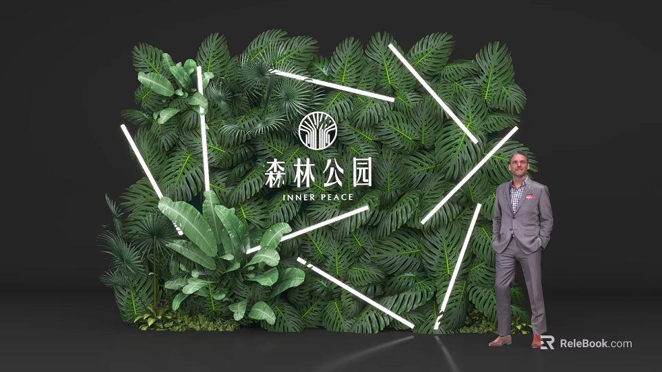 Floral Art Installation with Green Plant Wall for Forest Place Venue Decor 3d model 