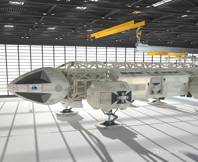 Space Shuttle Model Display In Indoor Hangar With Structural Frame And Yellow Cranes 3d model 