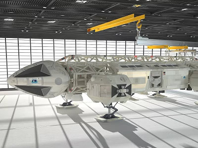 Space Shuttle Model Display In Indoor Hangar With Structural Frame And Yellow Cranes 3d model