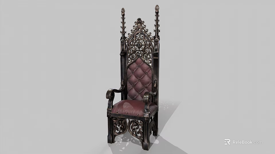 Gothic Armchair With Intricate Carvings High Back Pointed Finials And Burgundy Tufted Seat 3d model 