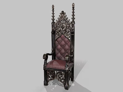 Gothic Armchair With Intricate Carvings High Back Pointed Finials And Burgundy Tufted Seat 3d model