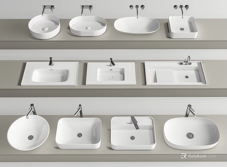 Modern Ceramic Washbasins With Various Shapes And Designs For Bathroom Interiors 3d model 