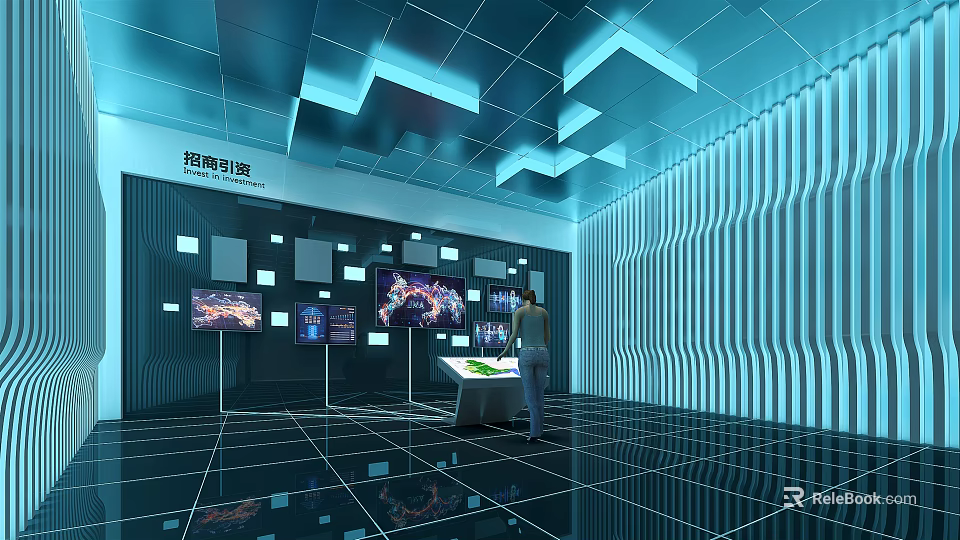 Smart Exhibition Hall Interior Featuring Multiple Digital Screens Interactive Table And Visitors 3d model