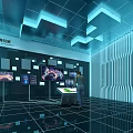 Smart Exhibition Hall Interior Featuring Multiple Digital Screens Interactive Table And Visitors 3d model