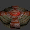 Rusted Metal Mechanical Structure With Circular Green Rings And Red Dome Top
