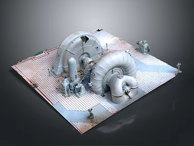Large Industrial Turbo Equipment Components Placed On Metal Grid Platform 3d model