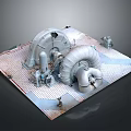 Large Industrial Turbo Equipment Components Placed On Metal Grid Platform 3d model