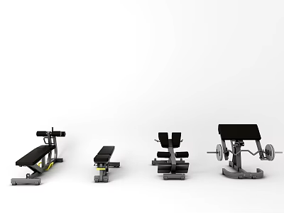 Various Sports Equipment Including Weight Benches Dumbbell Racks And Training Gear 3d model