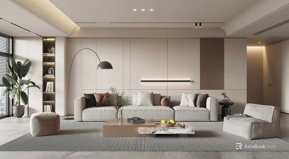 Modern Cozy Sofa and Coffee Table Set With Pillows Fruit Books Floor Lamp and Bookshelf 3d model 