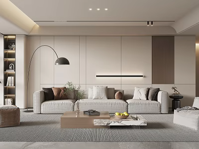 Modern Cozy Sofa and Coffee Table Set With Pillows Fruit Books Floor Lamp and Bookshelf 3d model