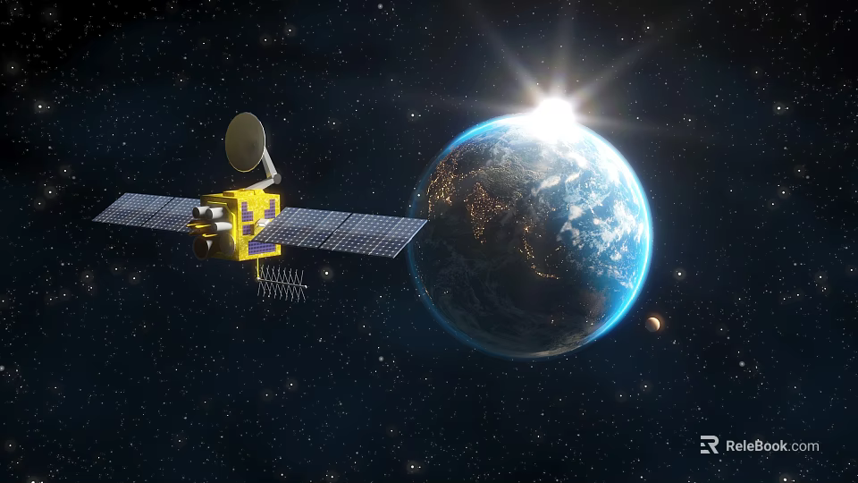 Satellite with Antenna and Solar Panels Orbiting Earth in Sunlit Space with Stars 3d model 