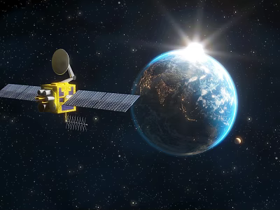 Satellite with Antenna and Solar Panels Orbiting Earth in Sunlit Space with Stars 3d model