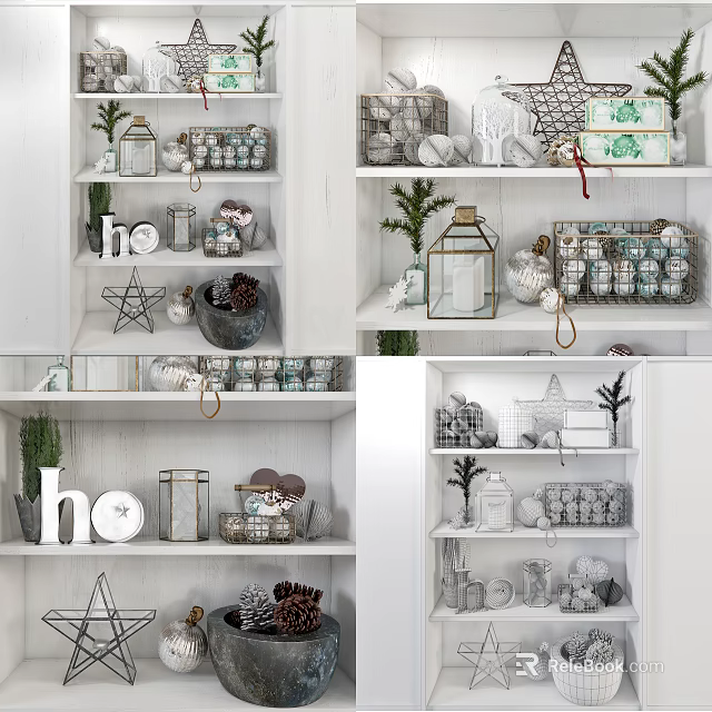 Decorative Ornament Set On White Shelves With Lanterns Star Ho Decor Glass Jars And Plants 3d model 