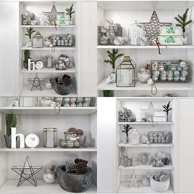 Decorative Ornament Set On White Shelves With Lanterns Star Ho Decor Glass Jars And Plants 3d model