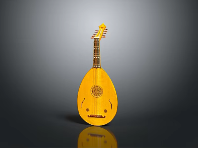 Realistic style mandolin mandolin instrument classical instrument yellow mandolin wooden mandolin string instrument head carved round tone hole 3d model