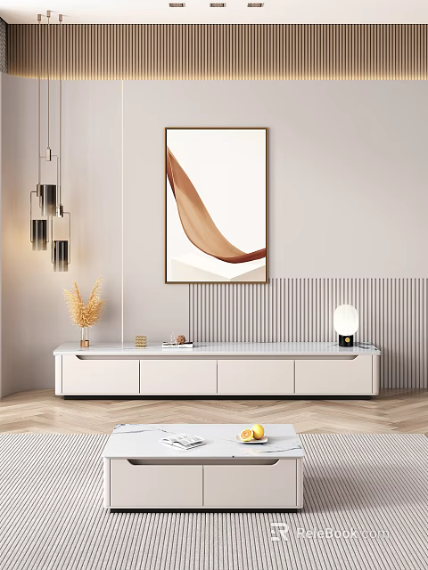 White Modern TV Stand with Decorative Items and Modern Art Painting on Striped Accent Wall 3d model 
